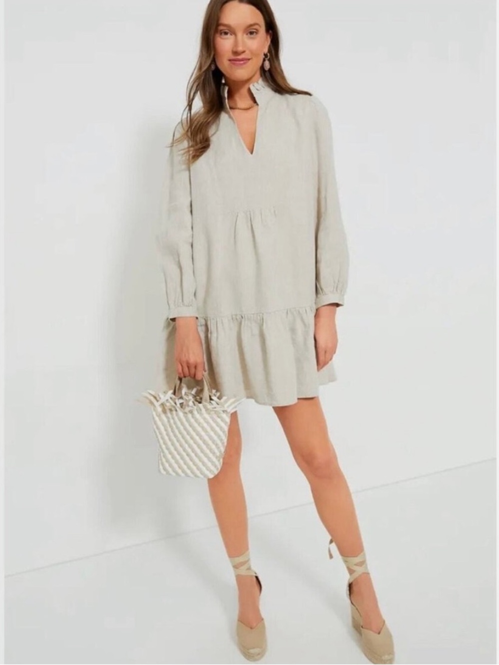 Tuckernuck Stone Linen Palmerston Dress Long Sleeve Mini Babydoll Dress Size XS